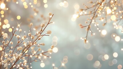 Fototapeta premium A tree with white flowers is lit up with lights. The light is shining on the tree and creating a warm, cozy atmosphere