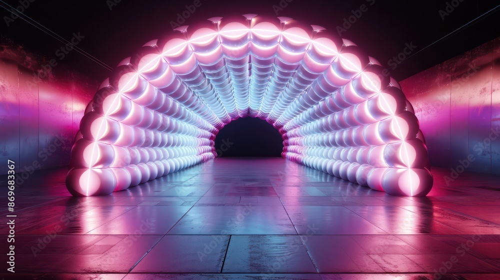 Poster a neon pink and blue tunnel with many balls inside. the tunnel is lit up and he is a part of a futur