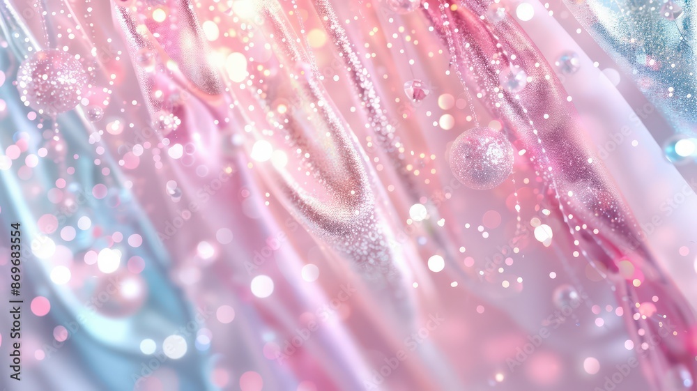 Poster a pink and blue fabric with glittery beads on it. the fabric is very soft and looks like it's made o