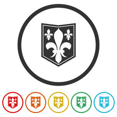 Coat of arms with heraldic symbol of fleur de lis icon. Set icons in color circle buttons
