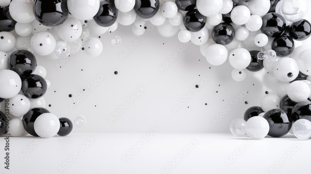 Poster A large number of balloons in black and white are suspended from the ceiling, creating a sense of weightlessness and movement. The balloons are arranged in a way that suggests a sense of depth