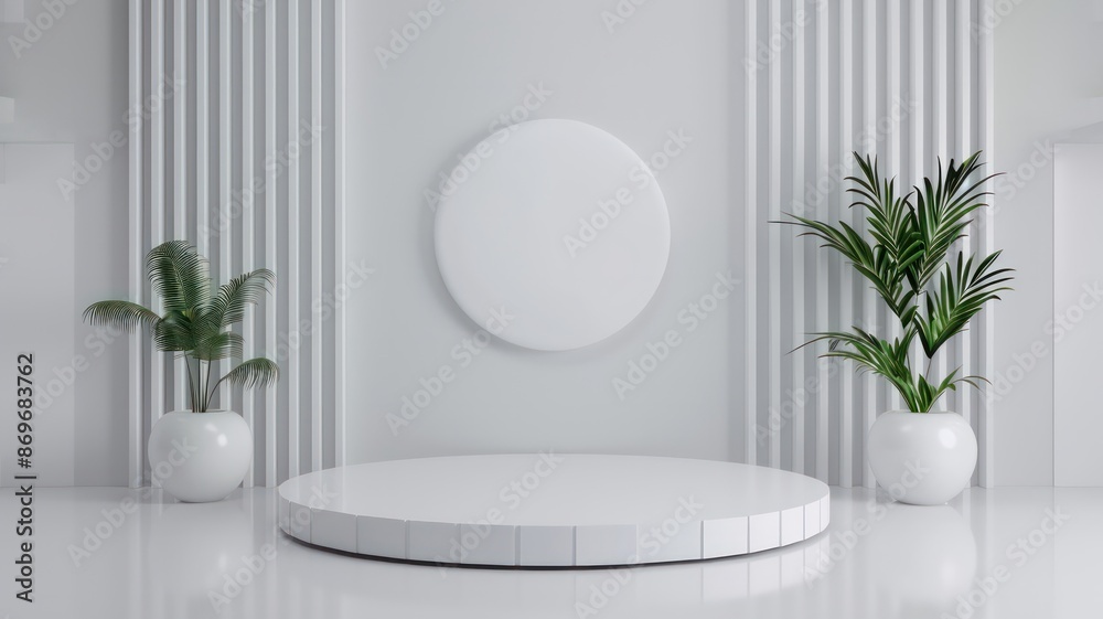 Poster a white room with a white round table and two potted plants. the room is empty and has a minimalist 