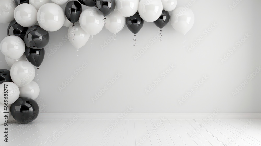 Poster a room with a white wall and a black and white balloon arch. the balloons are arranged in a way that