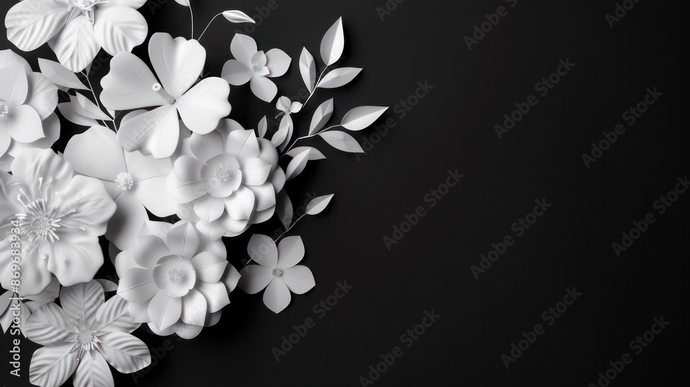 Poster a black background with white flowers. the flowers are arranged in a way that they look like they ar