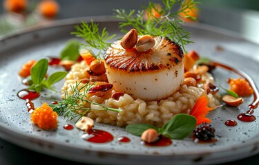 A beautifully plated gourmet Italian rice dish. there are some nuts, and herbs.