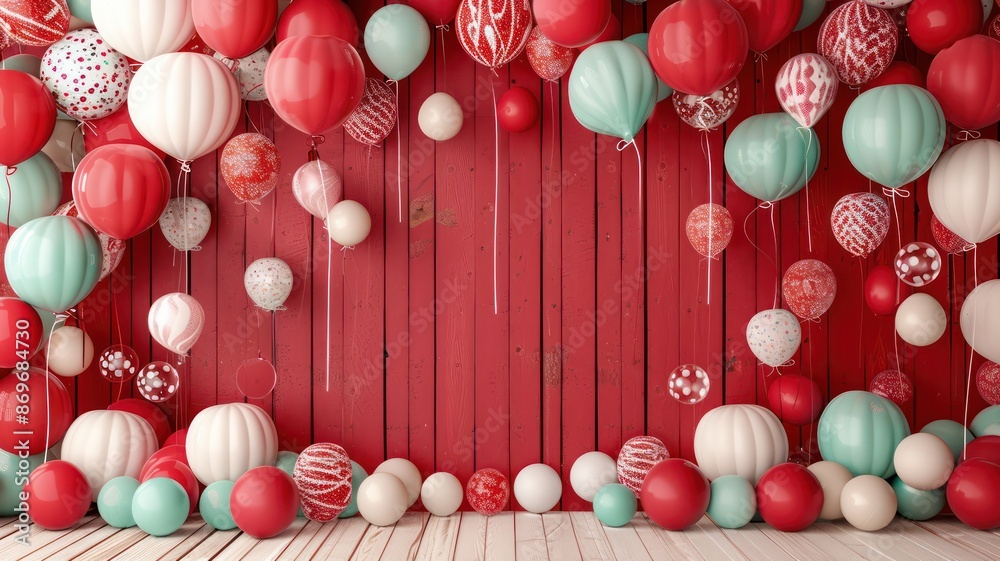 Poster a red and white background with a bunch of balloons in the foreground