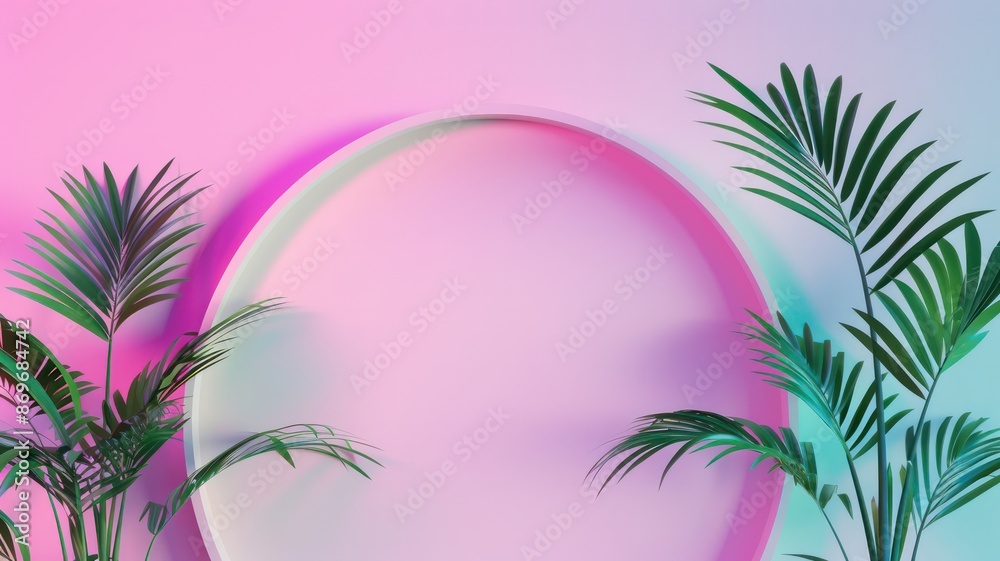 Aufkleber A round white frame with green leaves on either side. The frame is on a pink background. The frame is a symbol of growth and life