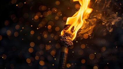 Flaming torch on black background close-up of burning wooden stick with fire and sparks The concept is the Olympic flame during olympic games or ritual ceremony in ancient era copy space Generative AI