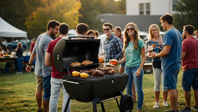 College tailgating fun people standing around a grill, enjoying the company and delicious food.	