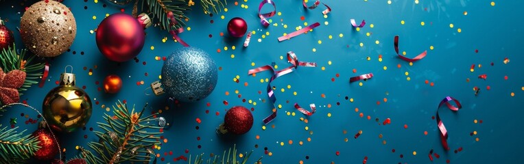 Festive Season: Pine Branches and Blue Ornaments