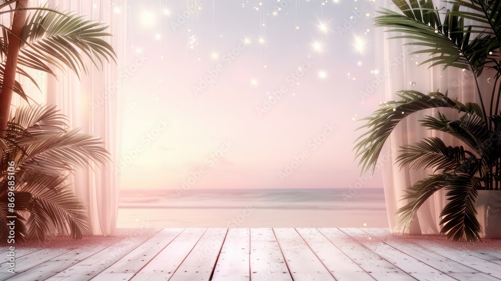 Poster A beach scene with a view of the ocean and palm trees. The curtains are open, revealing the beautiful view