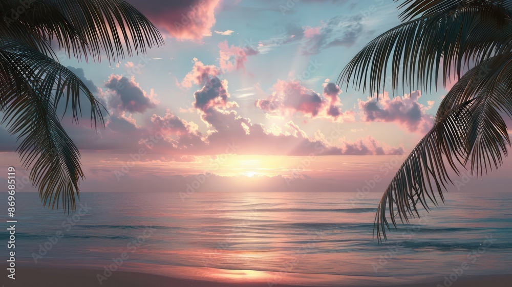 Aufkleber a beautiful sunset over the ocean with palm trees in the background. the sky is filled with clouds a