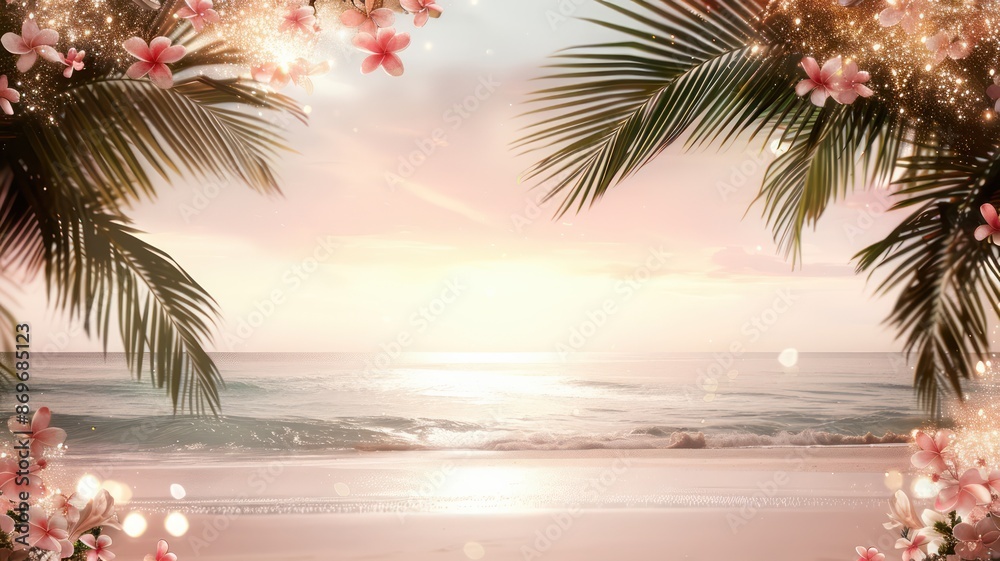 Poster a beach scene with palm trees and a pink and white sunset. the beach is calm and peaceful, with the 