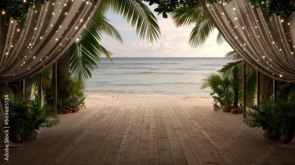 Fototapete a beach scene with a wooden walkway leading to the water. the walkway is empty and the curtains are 