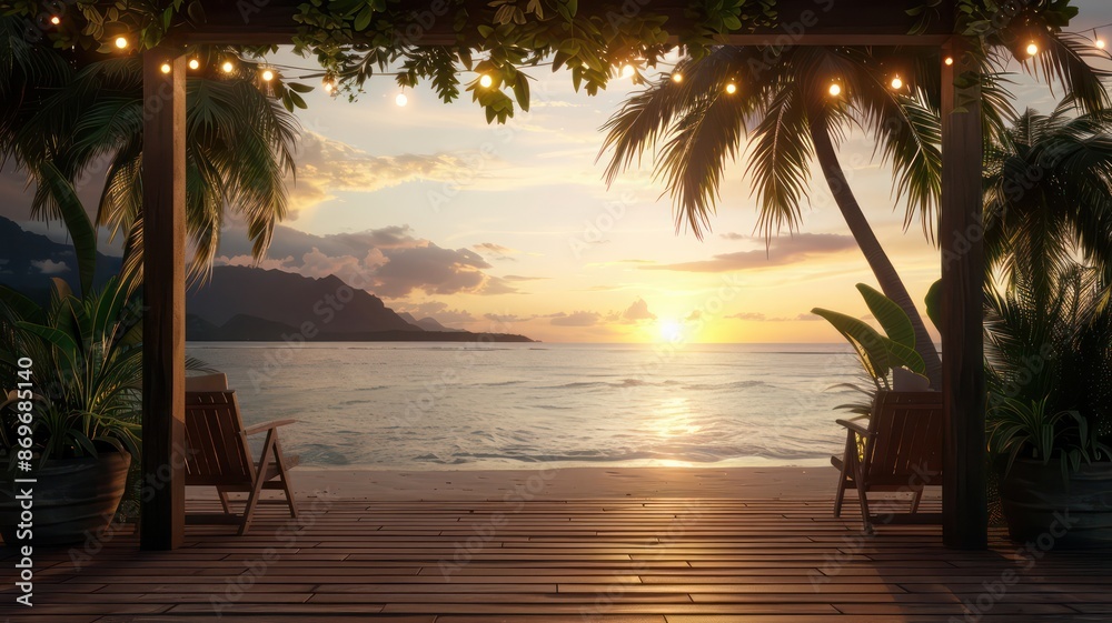 Poster a beach scene with a sunset in the background. the scene is peaceful and relaxing. there are two cha