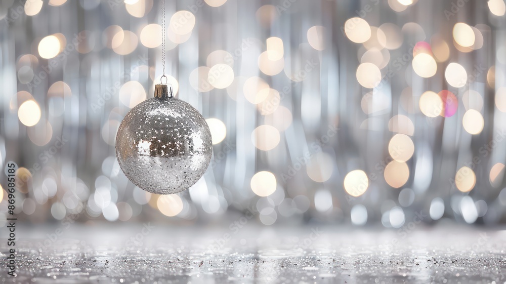 Poster a silver ball ornament hangs from a string in front of a blurry background. concept of festivity and