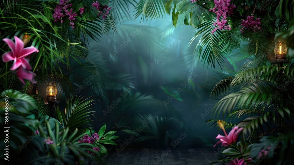 Poster a lush jungle with a large green tree in the foreground and a pink flower in the background. the sce