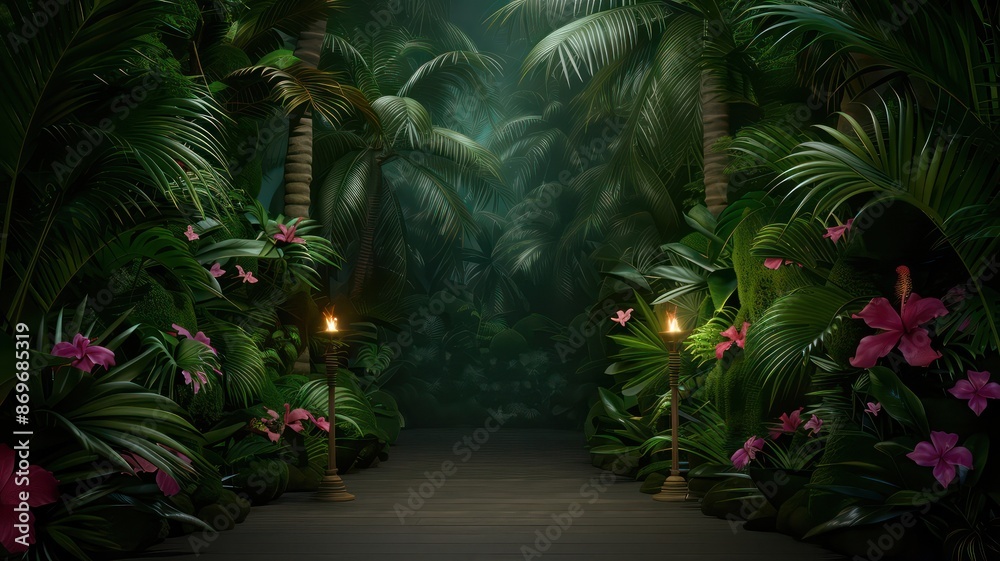 Poster a lush jungle with a path leading through it. the path is lit by candles and there are flowers along