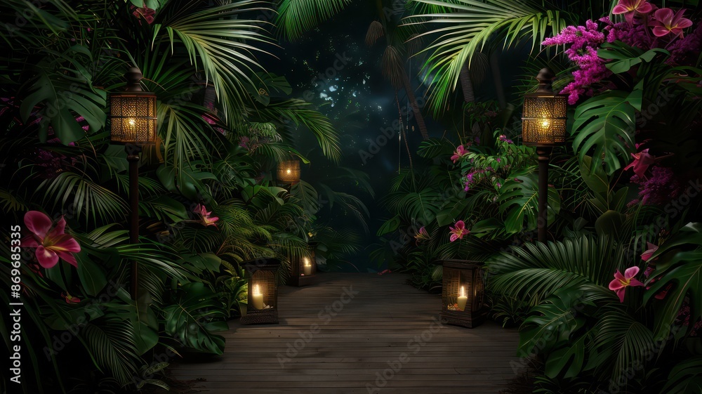 Poster a dark forest with a path lit by lanterns