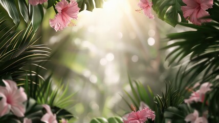 A lush green jungle with pink flowers and leaves