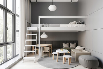 Modern loft style child room interior with minimalist furniture and natural light from large windows. Cozy and stylish living space with a loft bed.