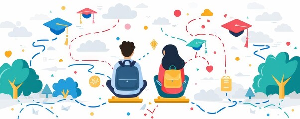 Back to school, students planning future educational paths, flat design illustration