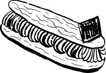 Drawing of pastry products, desserts. Food menu design template. Hand drawn sketch vector illustration. Eclair
