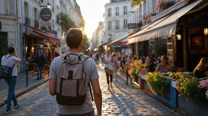 Solo traveler walking through a lively Parisian street at sunset