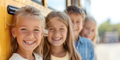 Fototapeta premium Cheerful kids laughing in front of yellow school bus. Concept Kids Photography, School Bus, Laughter, Joyful Portraits, Cheerful Moments