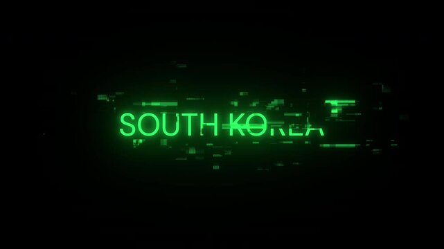 South Korea text with screen effects of technological failures. Spectacular screen glitch with various kinds of interference. Looped