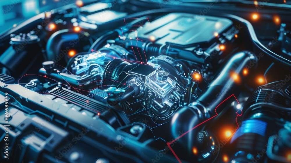 Poster A close-up view of a car engine with a digital overlay of its internal workings, showing a futuristic and technological aesthetic.