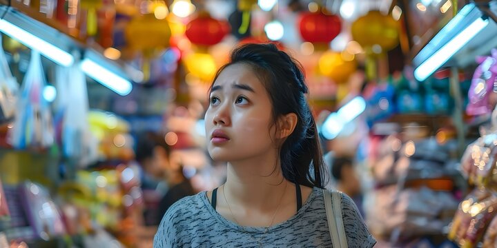 Asian woman in market appears disinterested in goods and neglects interaction with seller. Concept Cultural Differences, Shopping Etiquette, Social Interaction, Customer Behavior