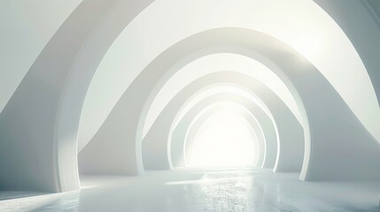 A futuristic, bright white tunnel with glowing lights. Clean lines and modern design in a sci-fi atmosphere.