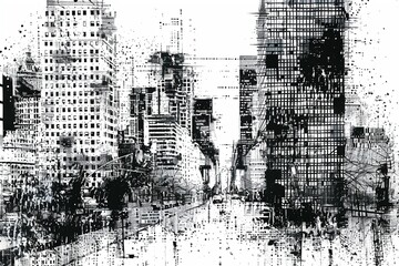 black and white digital cityscape sketch, featuring a cityscape reflection on a rippling water surface. High-rise buildings dominate the background, while distressed textures add an edgy urban vibe