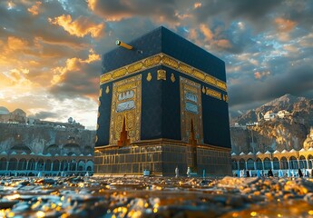 The Kaaba in Mecca, Saudi Arabia, with the sun setting behind it.