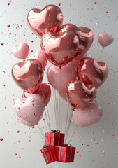 3D rendering of pink heart shaped balloons with red gift boxes below on a white background, in the style of a clipart, winner of a stock photo contest, with detailed, high resolution