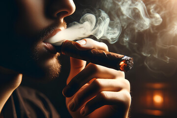 Fototapeta premium Man smoking a cigar, mouthpiece and smoke close-up