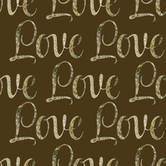 Seamless pattern of Watercolor hand drawn lettering Love. illustration on brown background. Print on t-shirts, bags, cards, banner, poster, card, design, artistic. Handwritten message, Congratulation