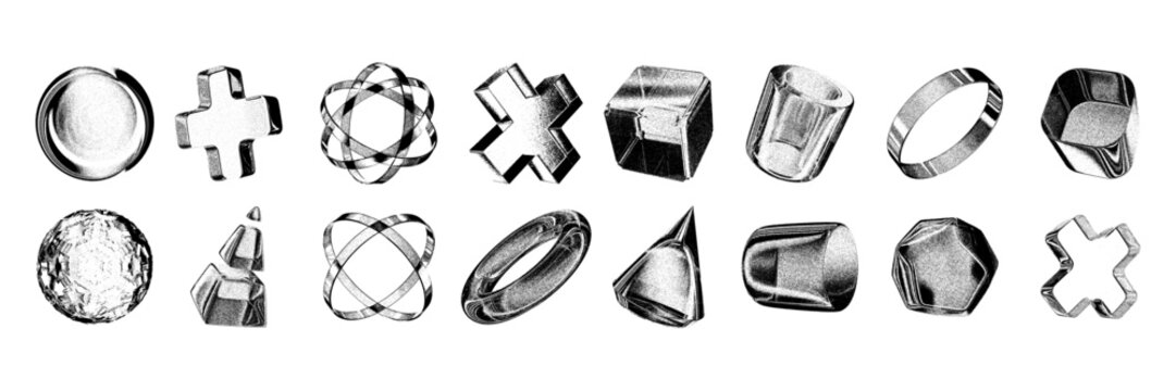 3D photocopy effect shape set, grunge object, retro futuristic abstract noise texture y2k element. Modern brutal bitmap grain icon, trendy halftone collage sticker collection. Photocopy shape, cross