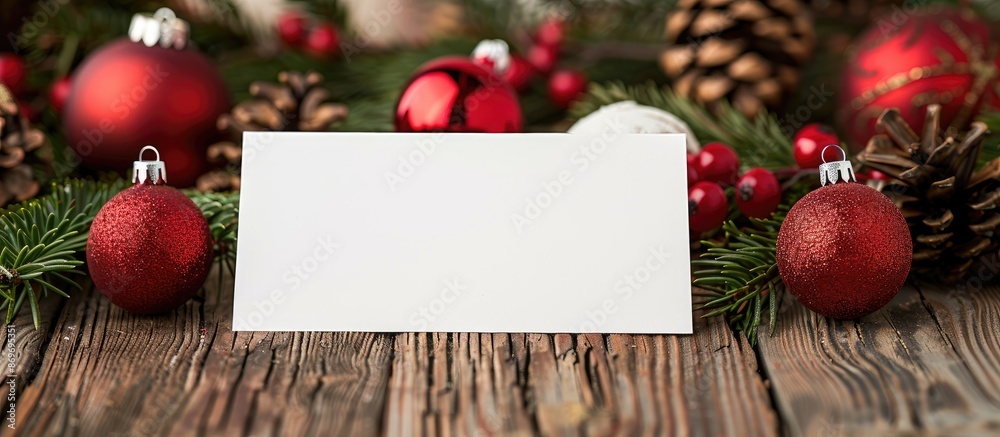 Leinwandbilder A Christmas card displaying festive decorations with a white empty space for your message set against a wooden backdrop. Copy space image. Place for adding text and design