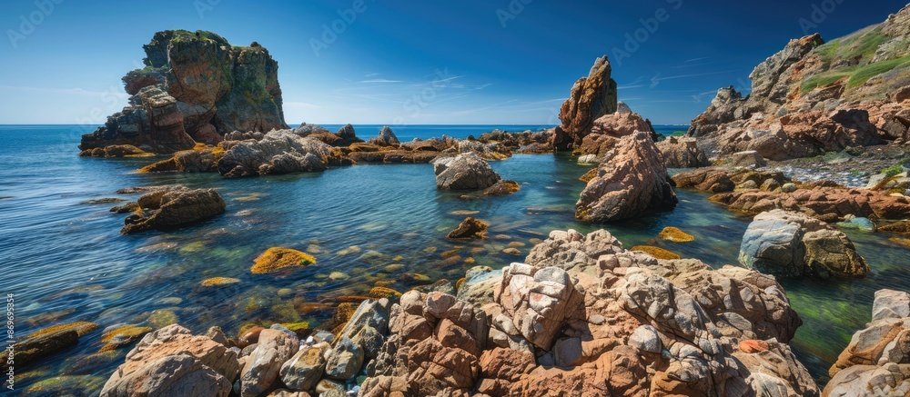 Poster scenic coastal rocks with ample copy space image.