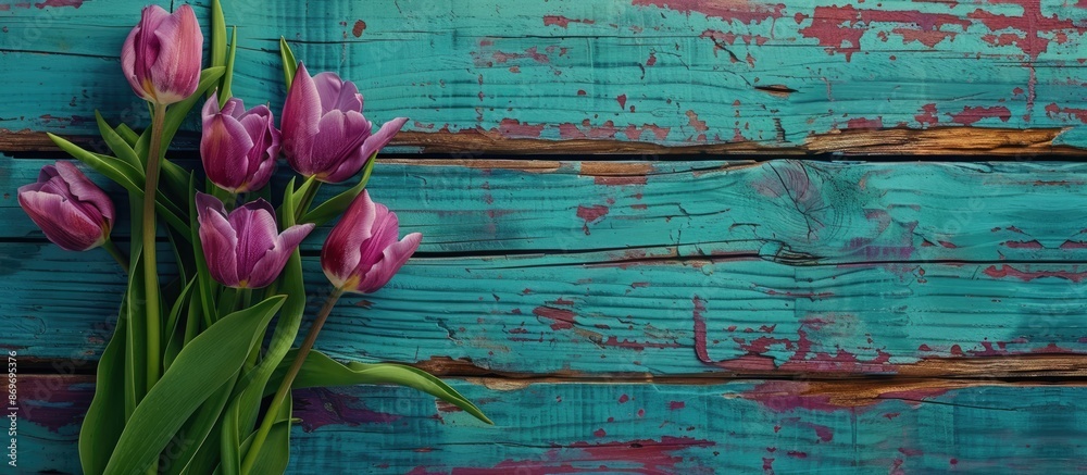Poster Vintage toned background with purple tulips on weathered blue-red wood, offering empty space for text in the image. Copy space image. Place for adding text and design