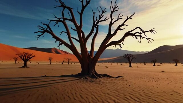 4K Drone Flying Through Dead Camel Thorn Trees in Deadvlei, near Sossusvlei, Namib-Naukluft Park, Namibia. Explore the World's Tallest Sand Dunes &ndash; Big Daddy and Crazy Dune. Surreal Desert Landscape