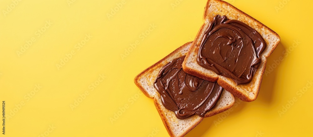 Aufkleber white toast with chocolate hazelnut spread on a yellow background, a breakfast idea with a mockup fo