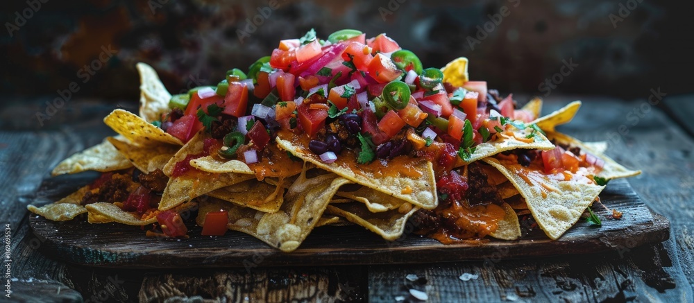 Poster A display of nachos positioned centrally in the photograph, captured horizontally with a textured layer, creating an appealing copy space image.
