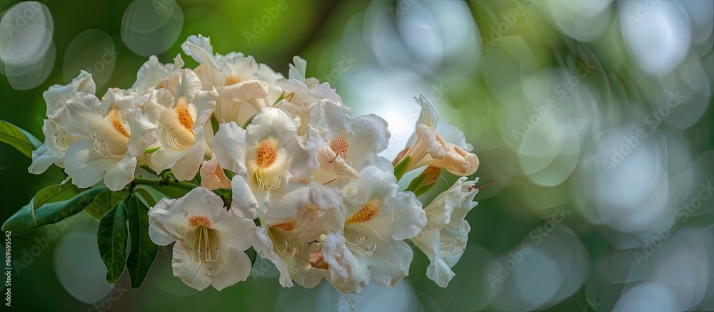 Poster a detailed image of a silver trumpet tree flower bouquet against a tree backdrop, with ample space f