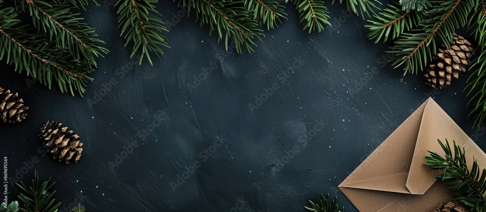 Poster top view photograph of a christmas-themed border against a dark backdrop featuring fresh fir branche