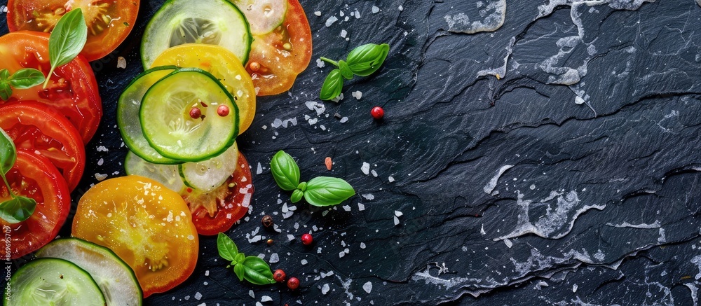 Poster aerial view of salted fresh vegetable slices on a black background, featuring copy space for inserti