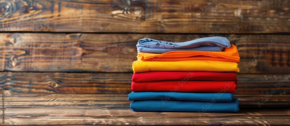 Poster colorful t-shirts stacked on a wooden backdrop with copy space image.