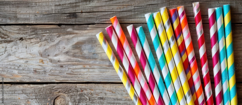 Fototapete vibrant paper straws on a rustic wooden backdrop for events and parties with centered focus offering